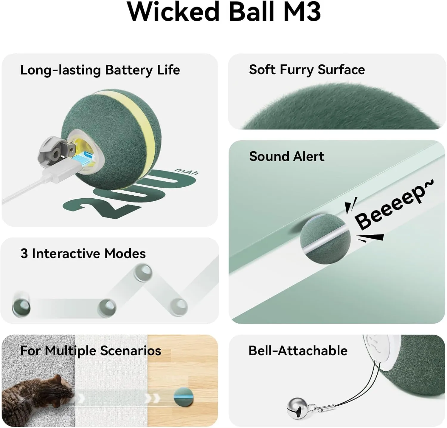 Cheerble 【2025 Upgrade】 Interactive Cat Ball, Wicked Ball M3, Automatic Moving Toy for Indoor Cat Kitten, Smart Anti-Depression Pet Toy Fun Gift with Light