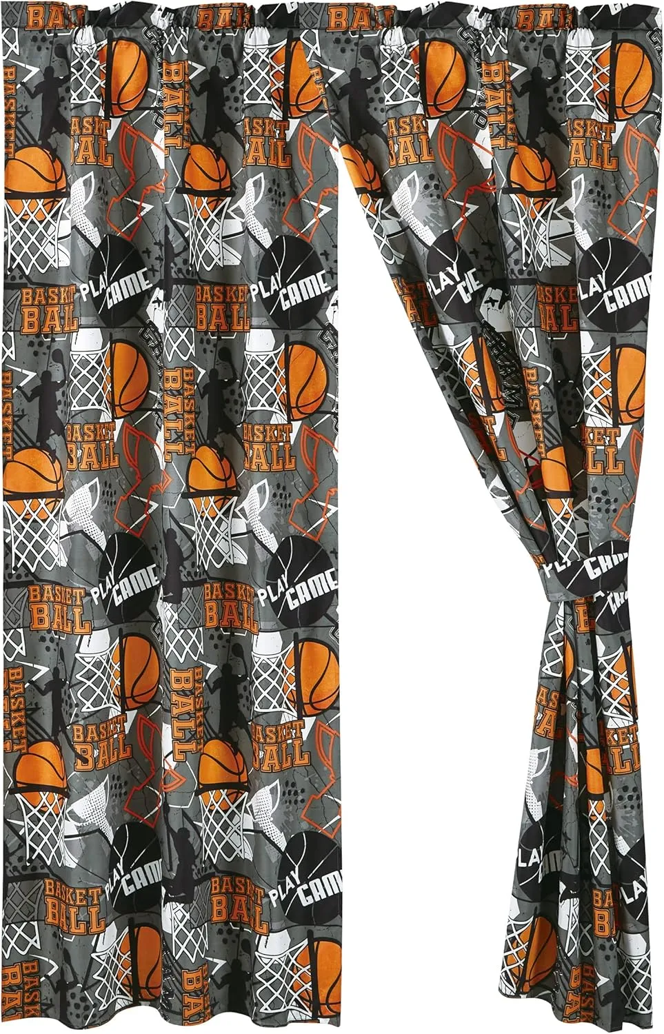 Chezmoi Collection 4-Piece Kids/Teens Basketball Window Curtain Set - Soft Microfiber Gray Orange Multi-Color Basketball Slam Dunk Sports Kids Rod Pocket Drapes, 2-Panels (42" W x 63" L)