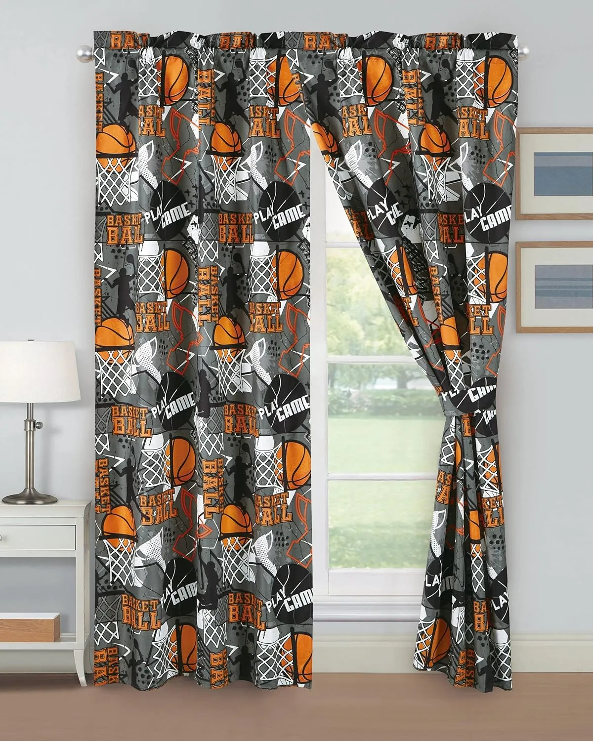 Chezmoi Collection 4-Piece Kids/Teens Basketball Window Curtain Set - Soft Microfiber Gray Orange Multi-Color Basketball Slam Dunk Sports Kids Rod Pocket Drapes, 2-Panels (42" W x 63" L)