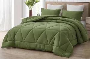 Chezmoi Collection Rory Olive Green Comforter Set Oversized Queen Size 3-Piece Fluffy Soft Lightweight Bedding Triangle Quilted Stone-Washed Microfiber Comforter Set for All Season