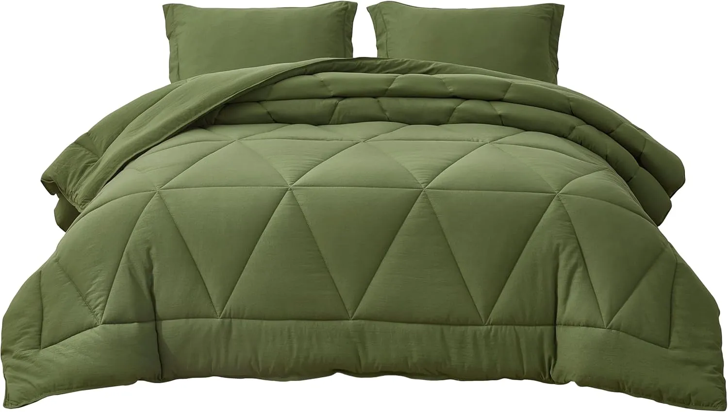 Chezmoi Collection Rory Olive Green Comforter Set Oversized Queen Size 3-Piece Fluffy Soft Lightweight Bedding Triangle Quilted Stone-Washed Microfiber Comforter Set for All Season