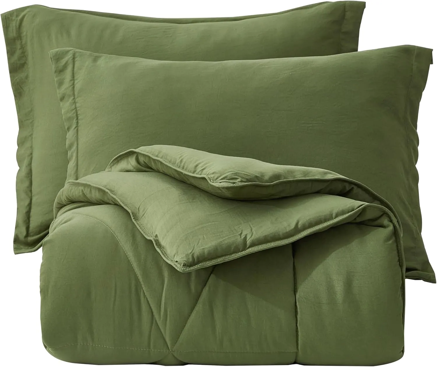Chezmoi Collection Rory Olive Green Comforter Set Oversized Queen Size 3-Piece Fluffy Soft Lightweight Bedding Triangle Quilted Stone-Washed Microfiber Comforter Set for All Season