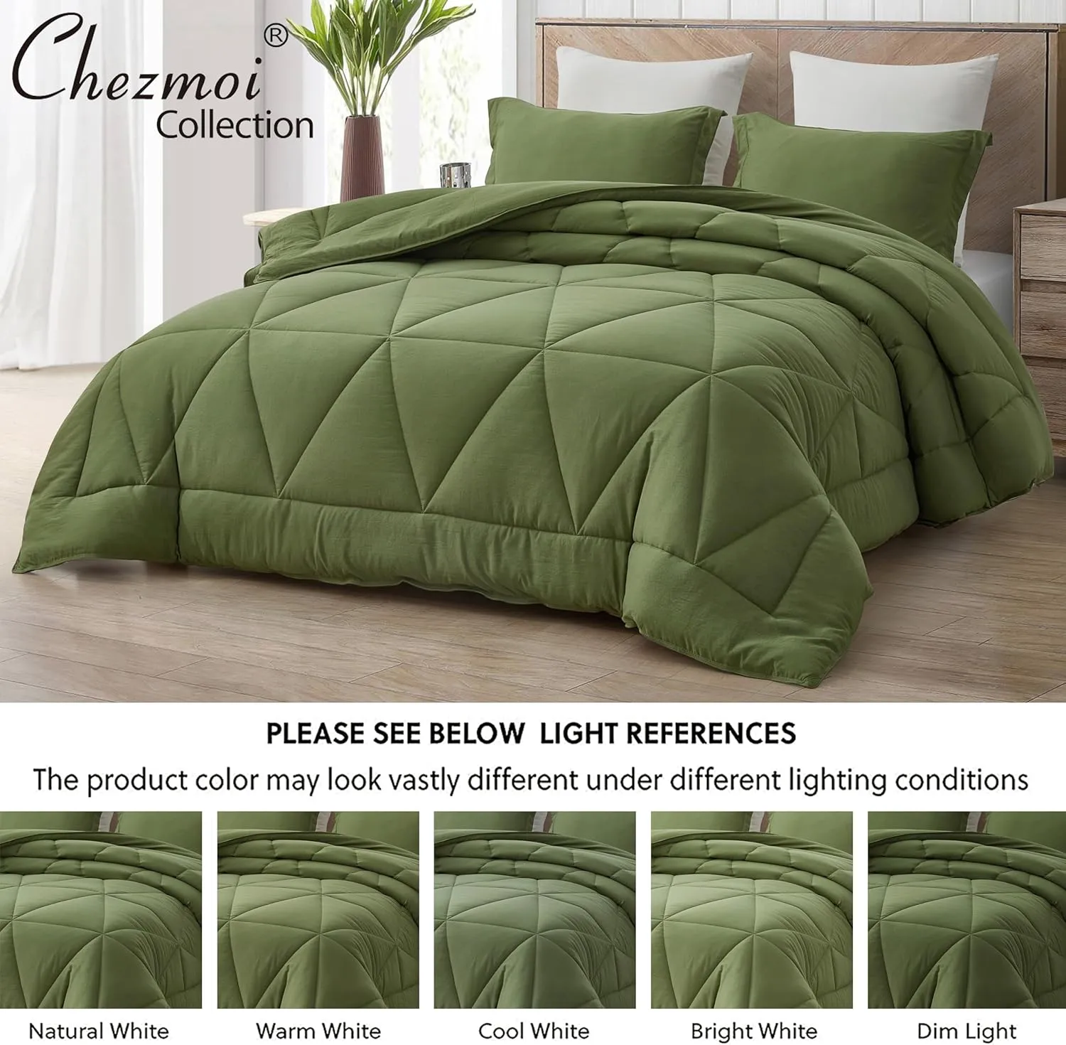 Chezmoi Collection Rory Olive Green Comforter Set Oversized Queen Size 3-Piece Fluffy Soft Lightweight Bedding Triangle Quilted Stone-Washed Microfiber Comforter Set for All Season