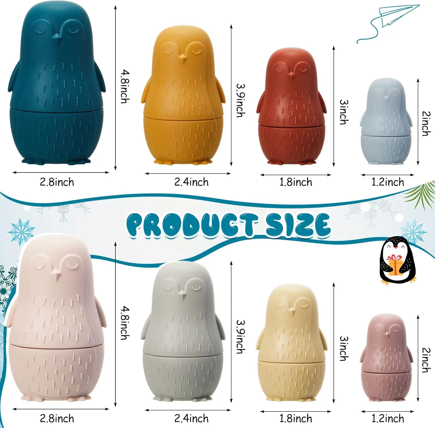 Chivao 8 Pieces Russian Nesting Dolls Silicone Matryoshka Doll Educational Stacking Nesting Dolls for Toddlers Vivid Food Grade Baby Teether for Kids(Penguin)