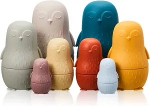 Chivao 8 Pieces Russian Nesting Dolls Silicone Matryoshka Doll Educational Stacking Nesting Dolls for Toddlers Vivid Food Grade Baby Teether for Kids(Penguin)