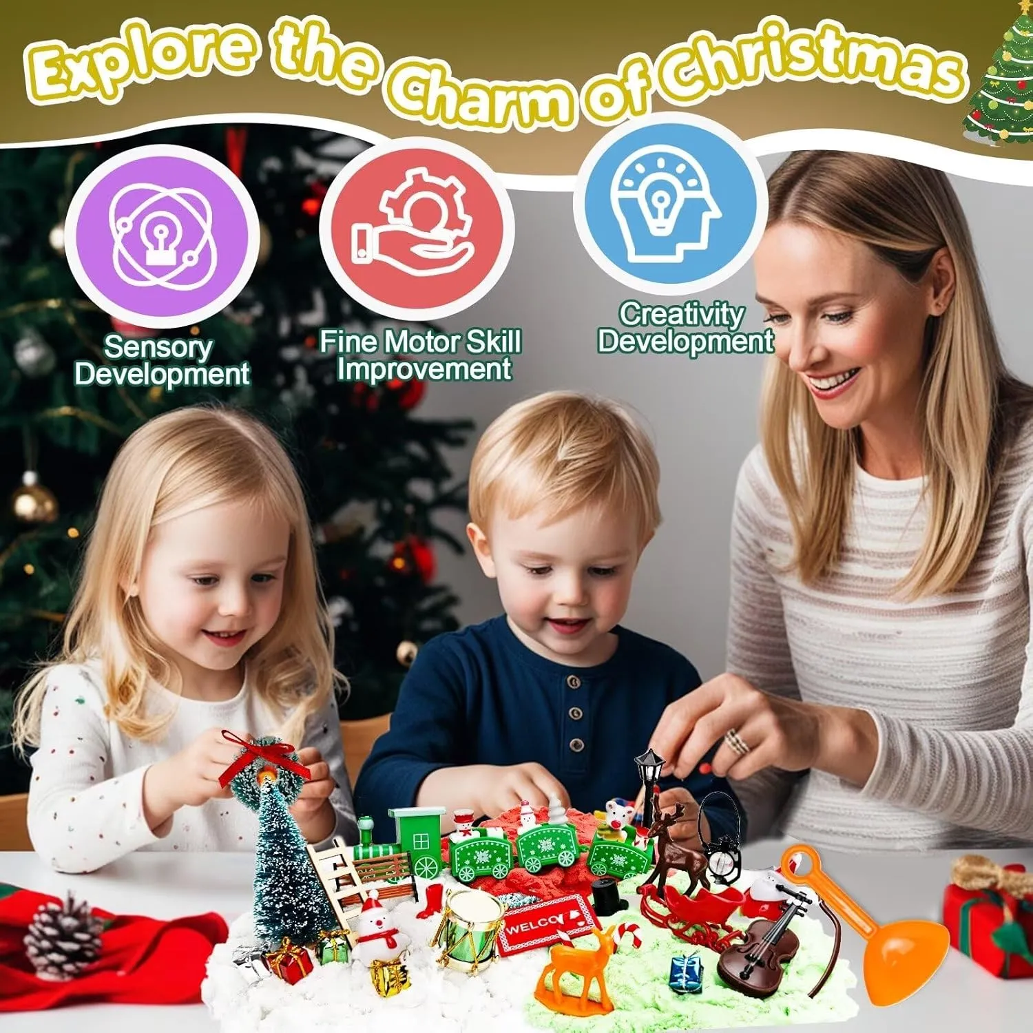 Christmas Sensory Bin Toys for Toddler Kids Age 3-8, Sand Art Play Kits with Xmas Figurine Ornaments, Preschool Learning Sandbox Toys for Winter Activities, Stocking Stuffers Gifts for Boys Girls