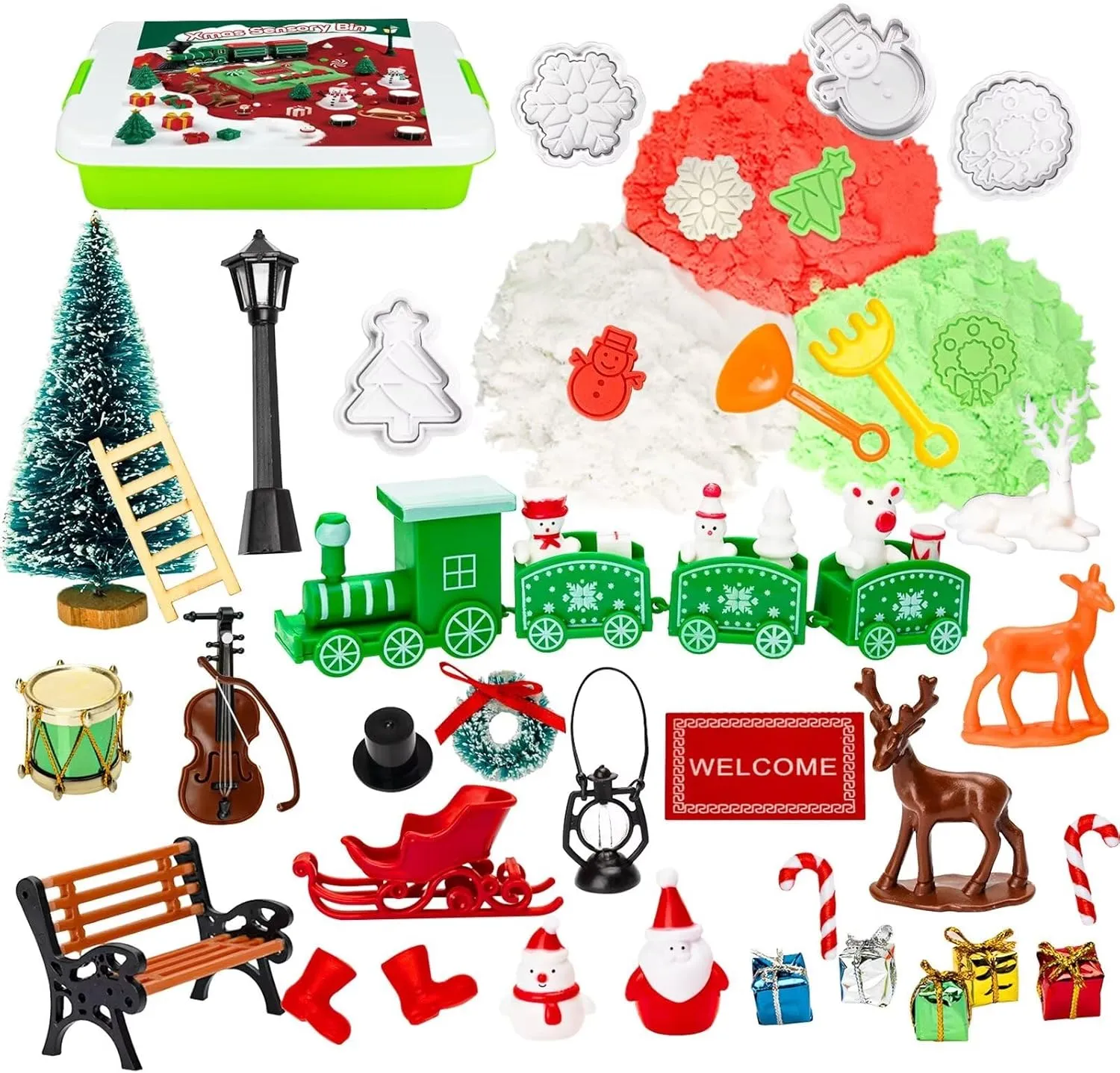 Christmas Sensory Bin Toys for Toddler Kids Age 3-8, Sand Art Play Kits with Xmas Figurine Ornaments, Preschool Learning Sandbox Toys for Winter Activities, Stocking Stuffers Gifts for Boys Girls