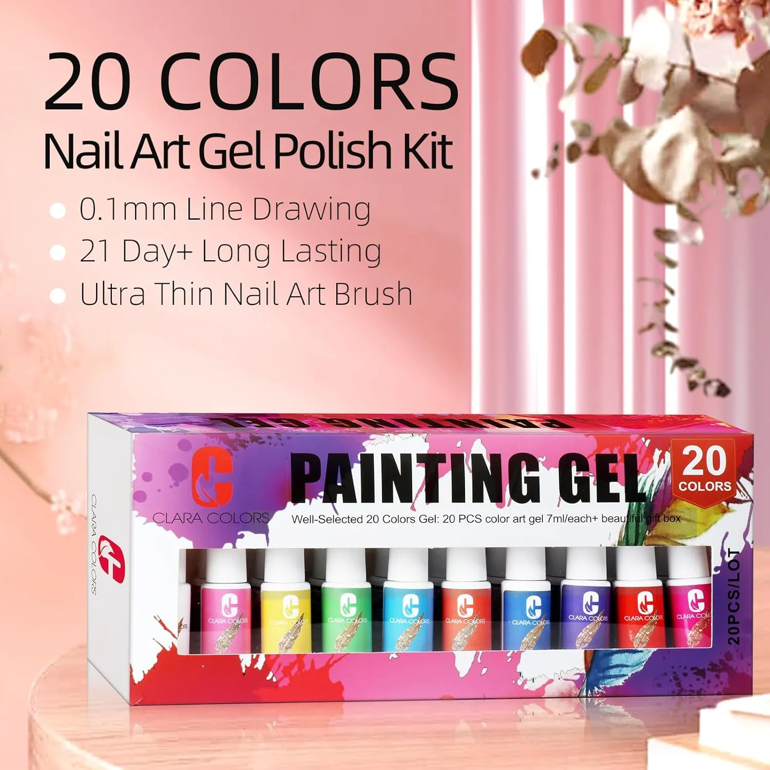 Clara Colors Gel Manicure Liner Set,20 Color Purple Pink Green Nail Polish for Swirl French Tip Painting Design Built (Neon 20 Colors)