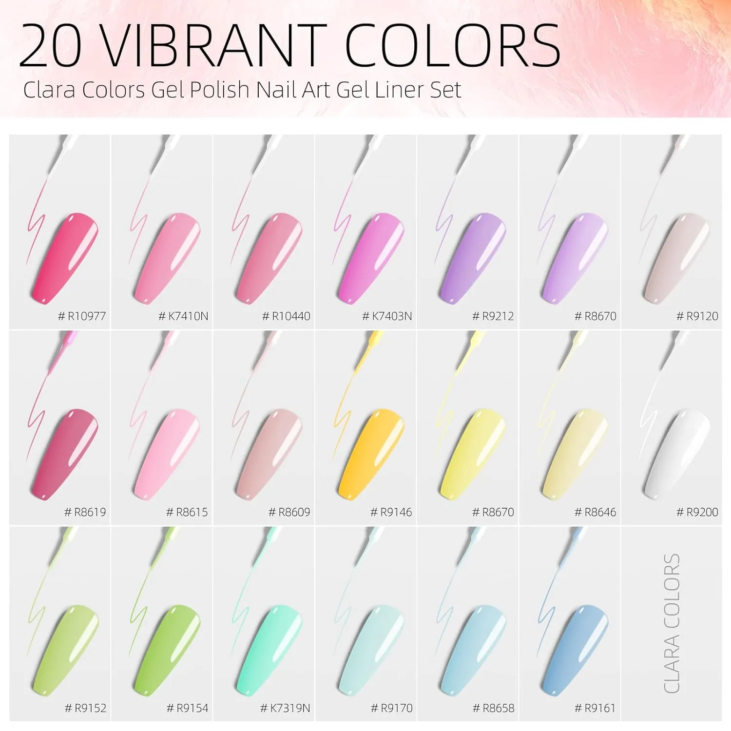Clara Colors Gel Manicure Liner Set,20 Color Purple Pink Green Nail Polish for Swirl French Tip Painting Design Built (Neon 20 Colors)