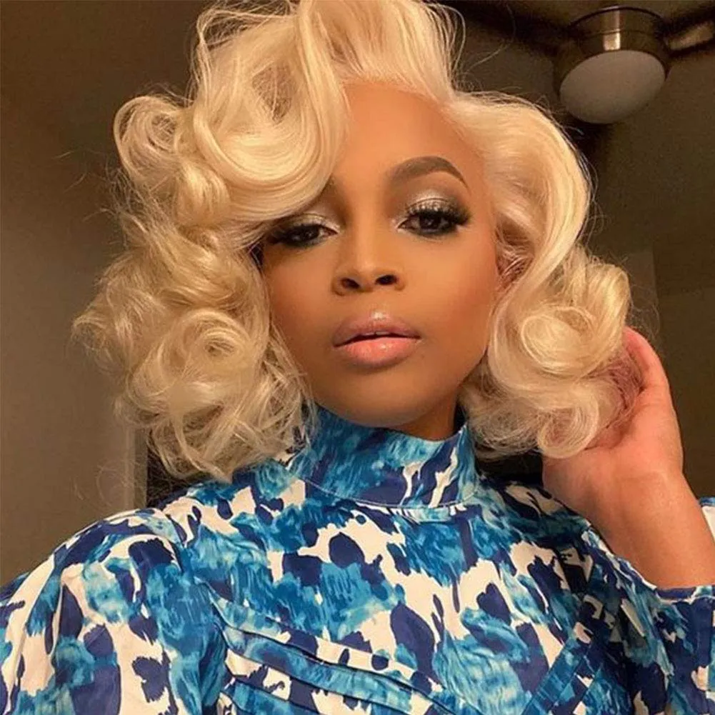 CLIONE Short Curly Wig with Bangs Blonde Curly Wigs for Women Afro Curly Synthetic Wig Short Fluffy Bouncy Curly Wigs Cosplay Party Costume Wigs