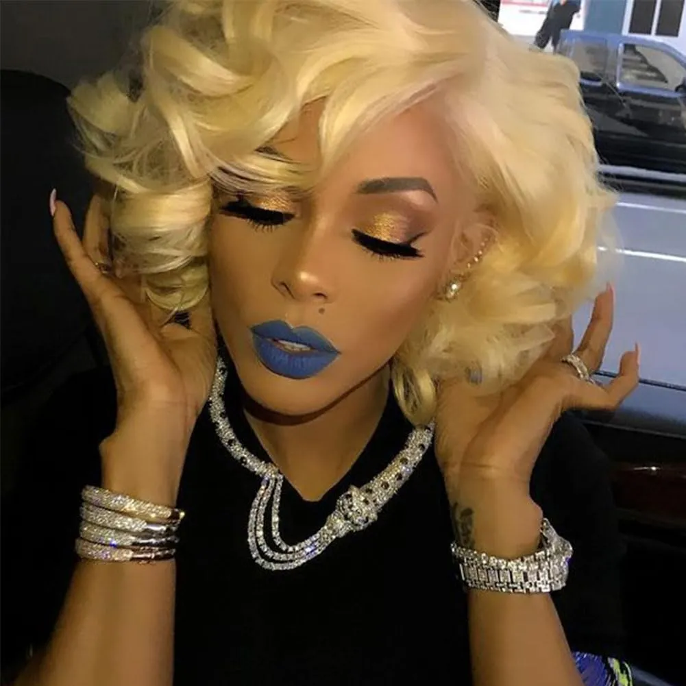CLIONE Short Curly Wig with Bangs Blonde Curly Wigs for Women Afro Curly Synthetic Wig Short Fluffy Bouncy Curly Wigs Cosplay Party Costume Wigs