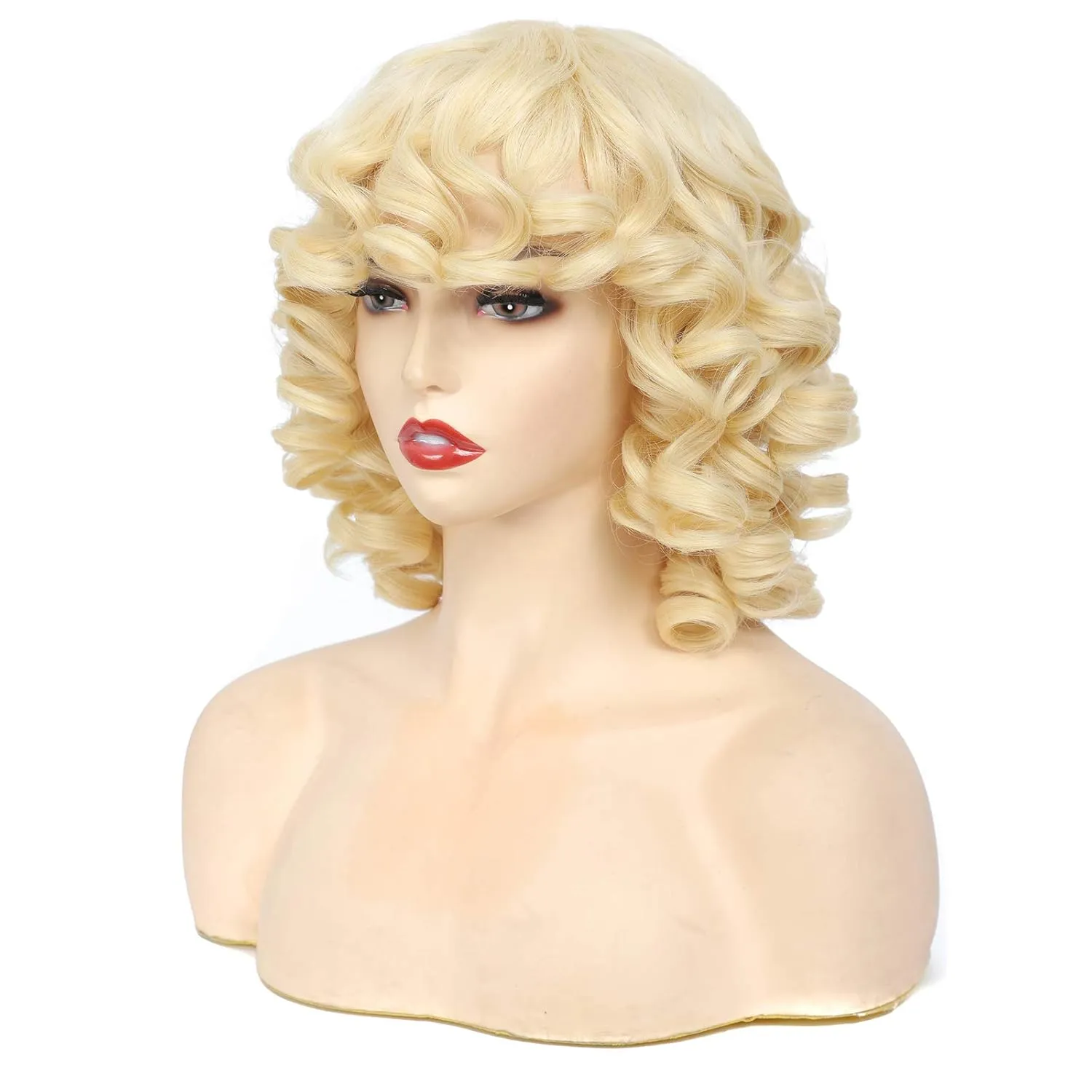 CLIONE Short Curly Wig with Bangs Blonde Curly Wigs for Women Afro Curly Synthetic Wig Short Fluffy Bouncy Curly Wigs Cosplay Party Costume Wigs