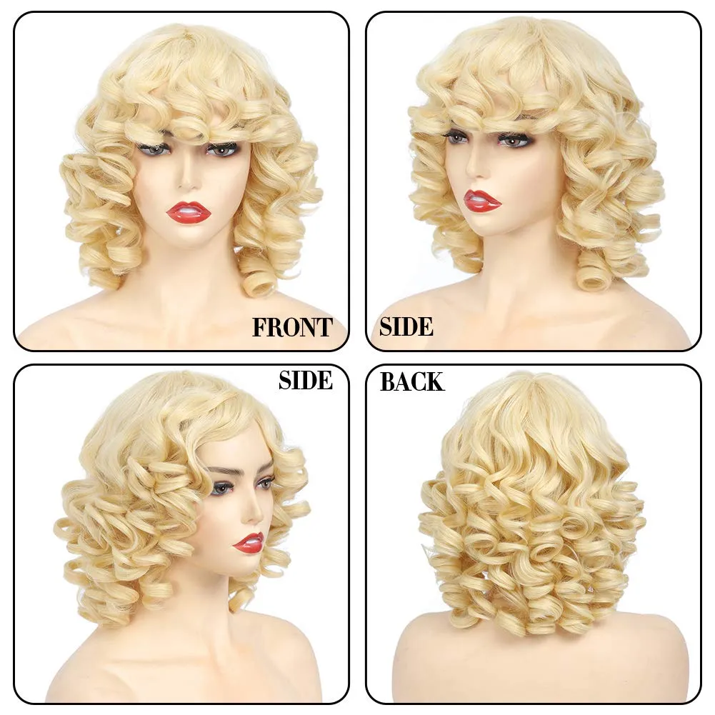 CLIONE Short Curly Wig with Bangs Blonde Curly Wigs for Women Afro Curly Synthetic Wig Short Fluffy Bouncy Curly Wigs Cosplay Party Costume Wigs
