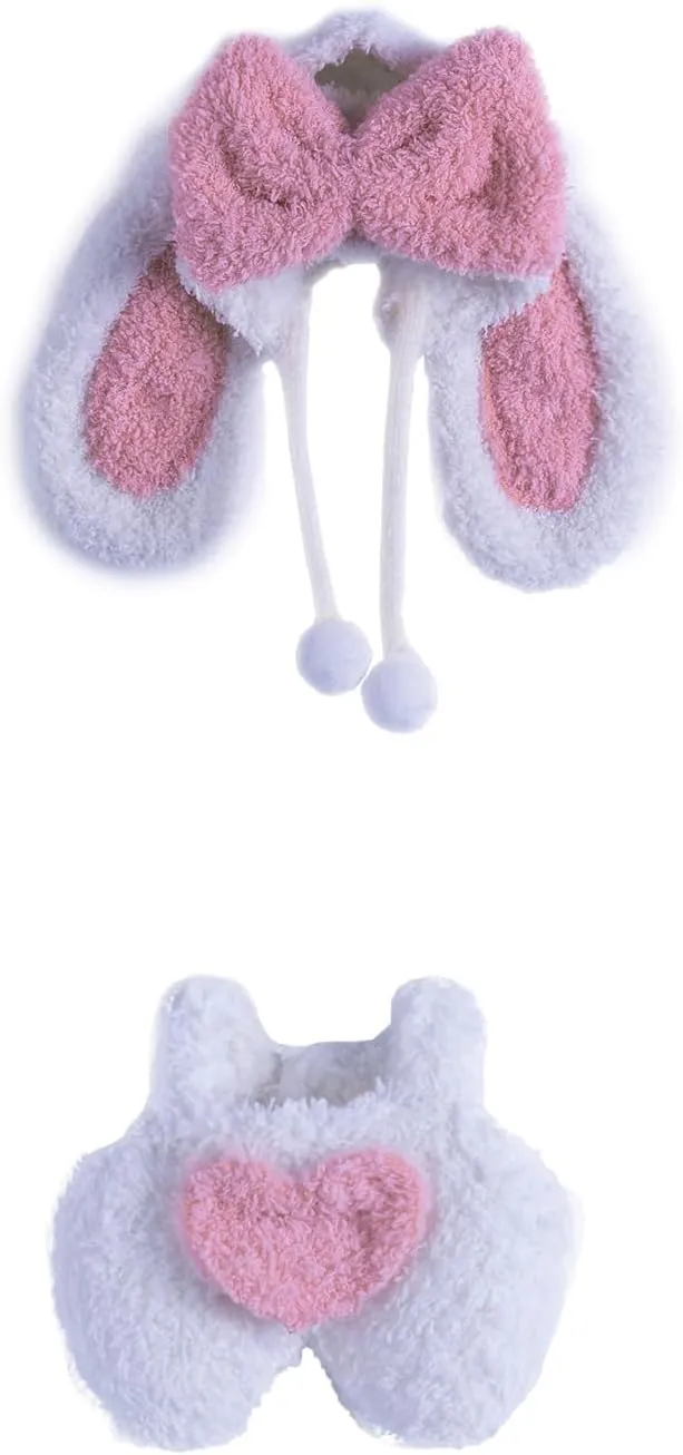 Clothes for Dolls – Fluffy Bunny Outfit for 17cm Dolls, Plush Pink Heart Overalls & Long-Eared Hood with Big Bow & Pom-Pom Drawstrings – Doll Not Included