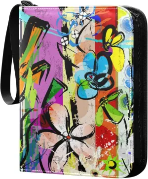 Colorful Flowers Card Binder 4 Pocket, Trading Card Binder Holder Fits 400 Cards with 50 Sleeves, Card Collection Binder Album Book Holder for Baseball Football Games Cards