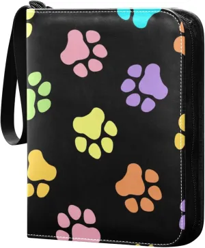 Colorful-paws-black 4 Pockets Trading Card Album Folder for Cards PU Waterproof Wear-resistant Cover Zip Card Binder Fits 400 Cards,Card Collector Holder for Collectible Boys Girls Game Sports Cards M