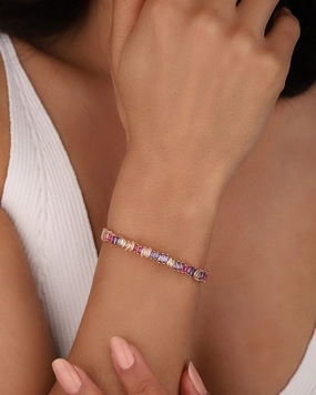 Colorful Baguette Stone Silver Bracelet, Colorful Stone Bangles