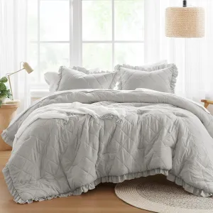 Comfort Spaces Twin Comforter Set - Ruffle Shabby Chic Comforter, Prewashed Microfiber, Fluffy All Season Twin Bedding, Sham, Country Cottage Decor, Grey 2 Piece
