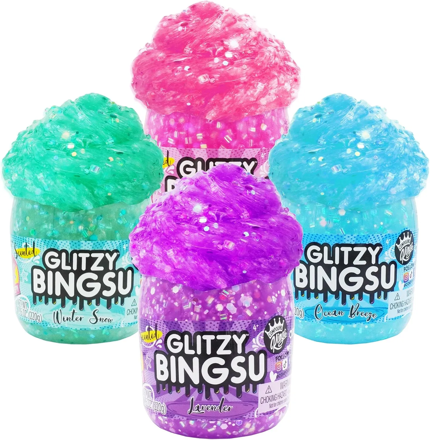 COMPOUND KINGS Fluffy Glitzy Bingsu Jar for Girls & Boys | Sensory Toys | Non-Sticky | Stress Relieving Tactile | (4-Pack, Pink, Blue, Purple & Green)