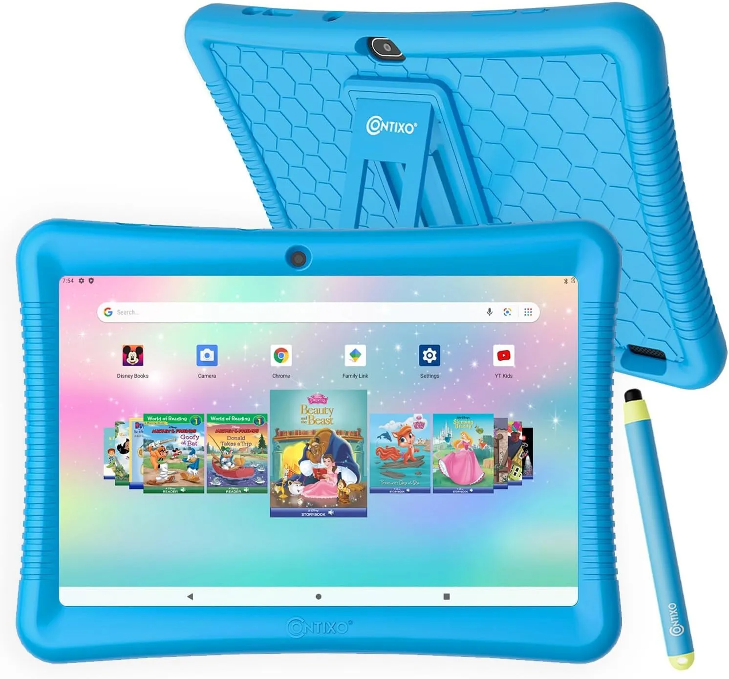 Contixo K102 10" Kids Tablet Bundle - HD Learning Tablet & Sleeve Bag for Kids Ages 3-7, Includes Disney eBooks ($350 Value), Parental Controls, Dual Camera, Android OS - Blue