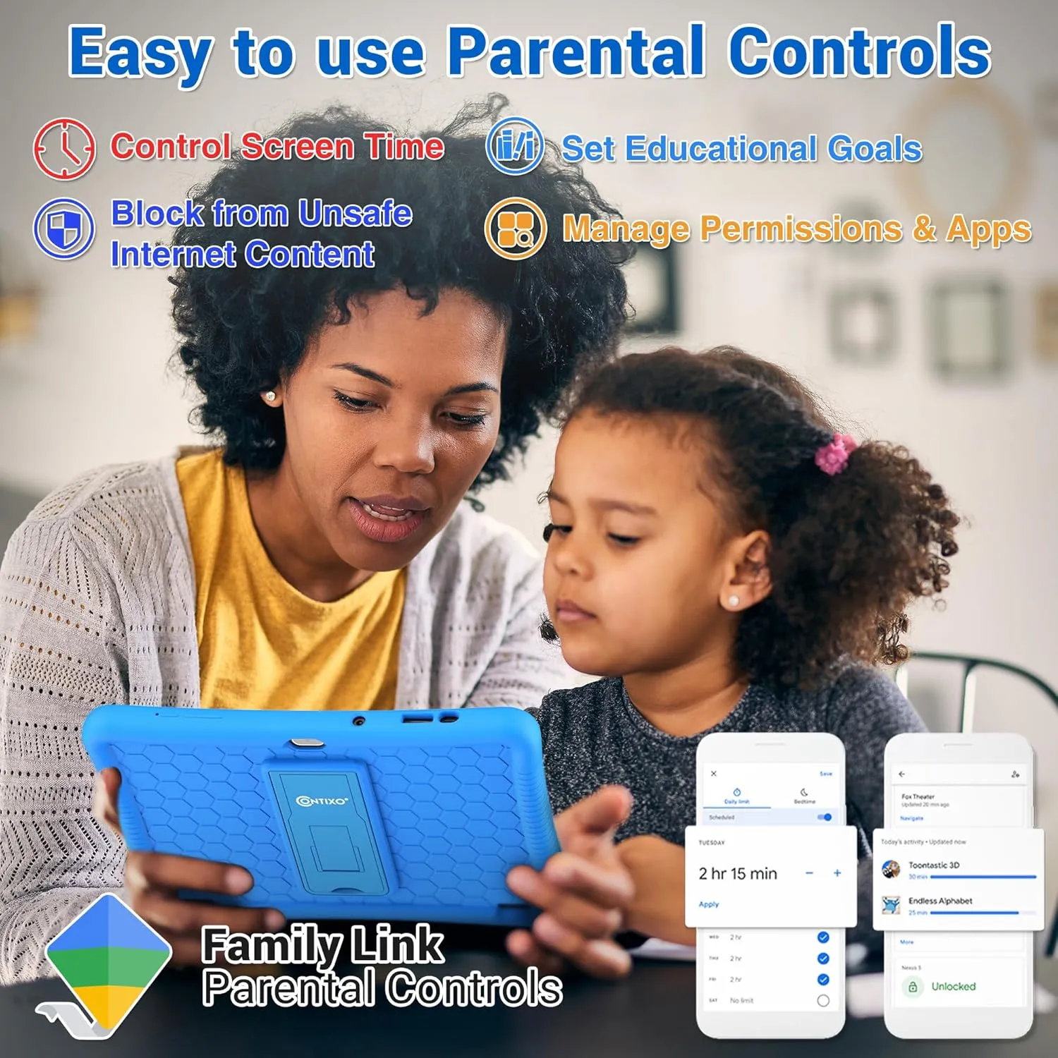 Contixo K102 10" Kids Tablet Bundle - HD Learning Tablet & Sleeve Bag for Kids Ages 3-7, Includes Disney eBooks ($350 Value), Parental Controls, Dual Camera, Android OS - Blue