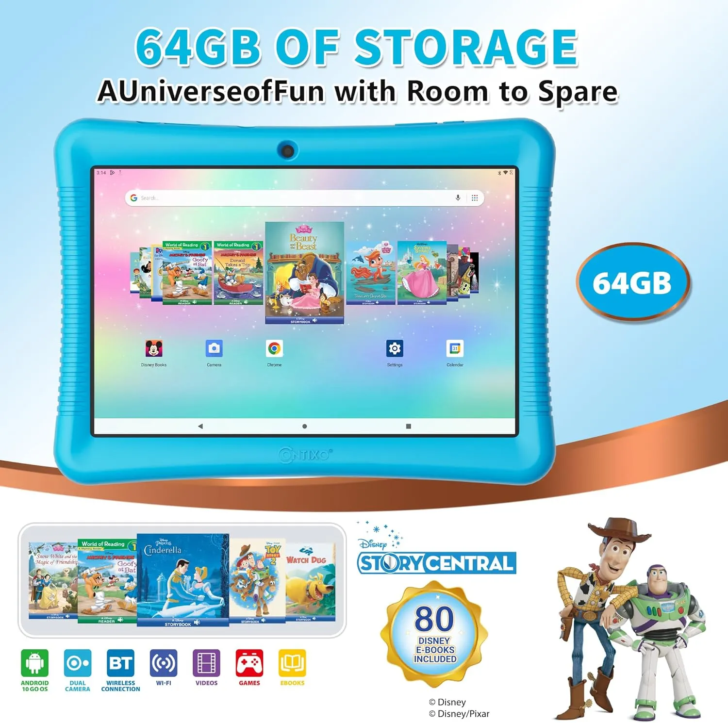 Contixo K102 10" Kids Tablet Bundle - HD Learning Tablet & Sleeve Bag for Kids Ages 3-7, Includes Disney eBooks ($350 Value), Parental Controls, Dual Camera, Android OS - Blue