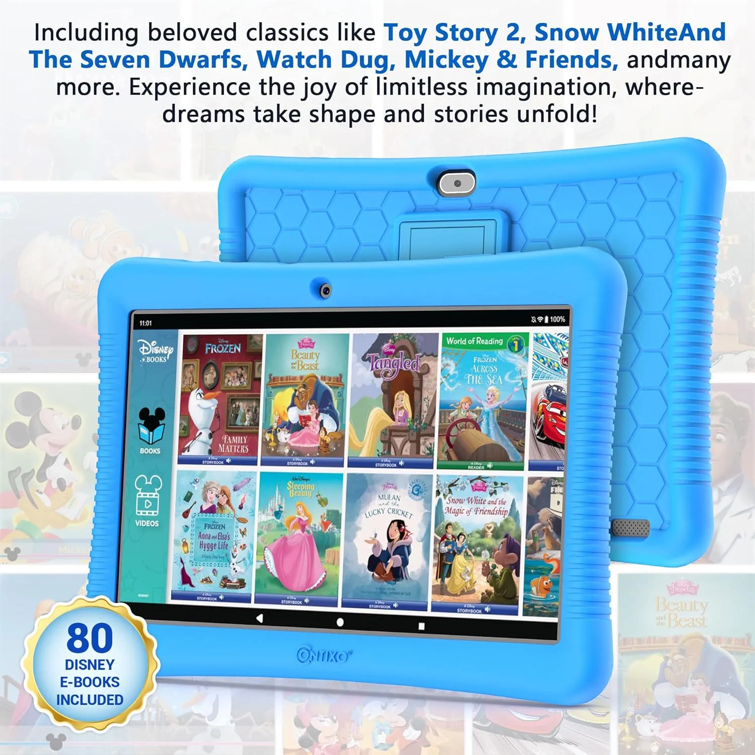 Contixo K102 10" Kids Tablet Bundle - HD Learning Tablet & Sleeve Bag for Kids Ages 3-7, Includes Disney eBooks ($350 Value), Parental Controls, Dual Camera, Android OS - Blue