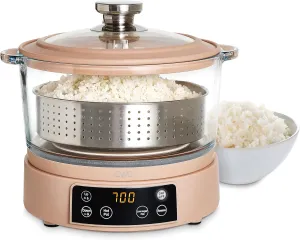 COOK WITH COLOR 8-Cup Multifunctional Smart Glass Rice Cooker, with Auto-Lift Basket, Low-Starch Cooking, Hotpot & Steamer, 700W Adjustable Wattage, Keep Warm Function, Blush