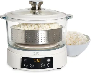 COOK WITH COLOR 8-Cup Multifunctional Smart Glass Rice Cooker, with Auto-Lift Basket, Low-Starch Cooking, Hotpot & Steamer, 700W Adjustable Wattage, Keep Warm Function, Cream