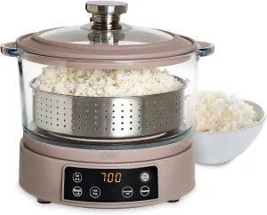 COOK WITH COLOR 8-Cup Multifunctional Smart Glass Rice Cooker, with Auto-Lift Basket, Low-Starch Cooking, Hotpot & Steamer, 700W Adjustable Wattage, Keep Warm Function, Greige