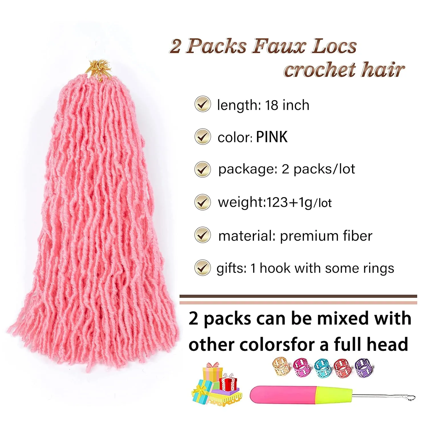 Corchet Hair Pink Soft Locs 18 in 2 Packs LightWeight Faux Locs Crochet Hair Natural Braiding Hair Pink Locs Crochet Hair For Black Women Goddess Locs Crochet Hair (18 Inch, 2packs, Pink)