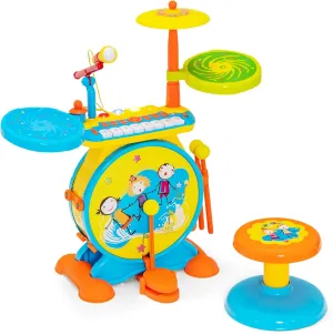 Costzon Kids Electronic Drum & Keyboard Set, 2-in-1 Roll Jazz Drum Kit with Stool, Microphone, MP3, Record & Play, LED Lights, Musical Educational Instrument, Ideal Gift for Boys & Girls (Blue)