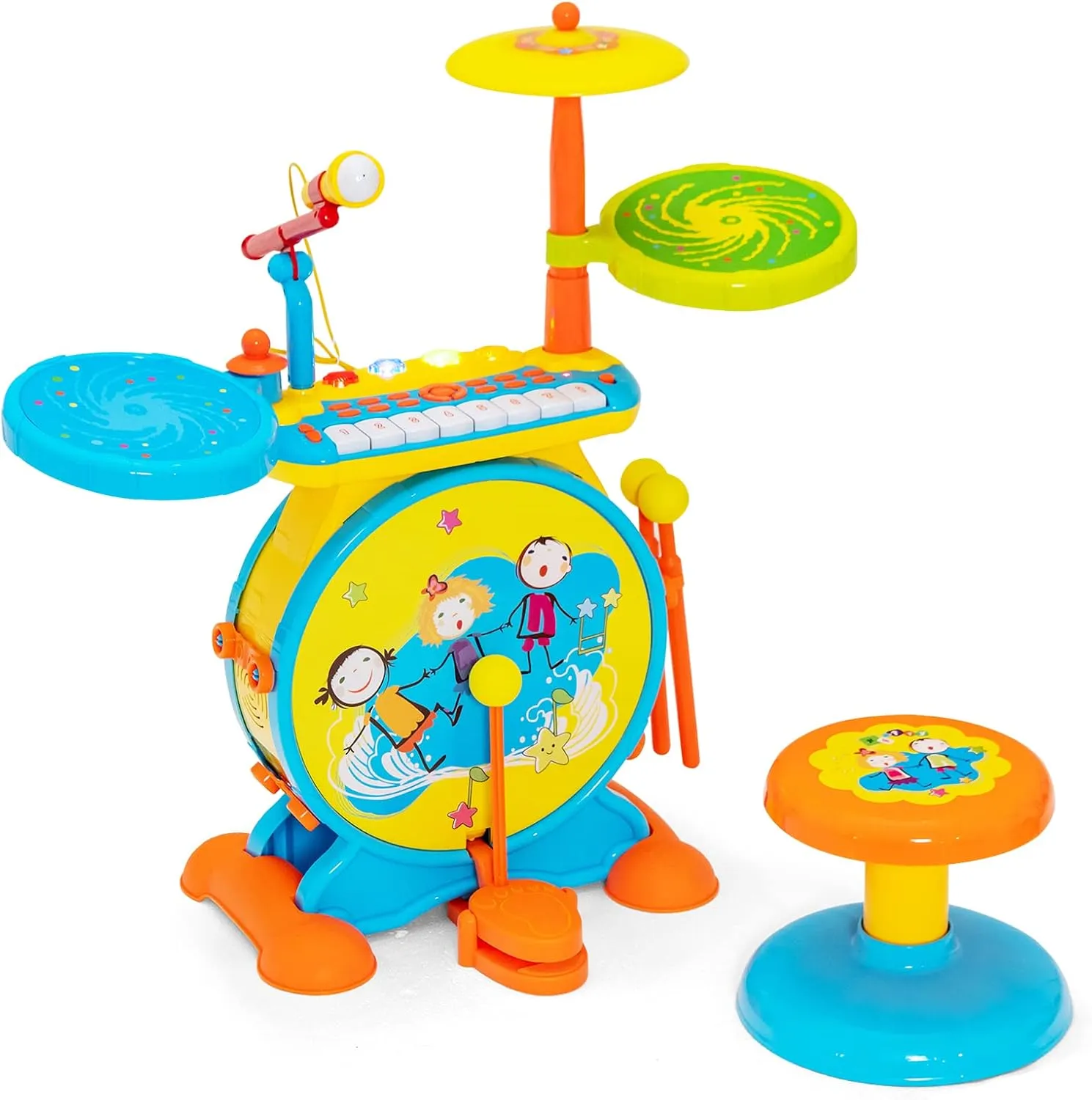 Costzon Kids Electronic Drum & Keyboard Set, 2-in-1 Roll Jazz Drum Kit with Stool, Microphone, MP3, Record & Play, LED Lights, Musical Educational Instrument, Ideal Gift for Boys & Girls (Blue)