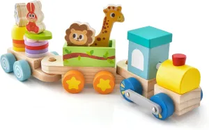 Costzon Wooden Train Set, Stackable Educational Train Set w/Colorful Animal Patterns & Retractable Locomotive, Safe Solid Wood Material, Toddler Toy Train for Boys Girls 3   Years Old