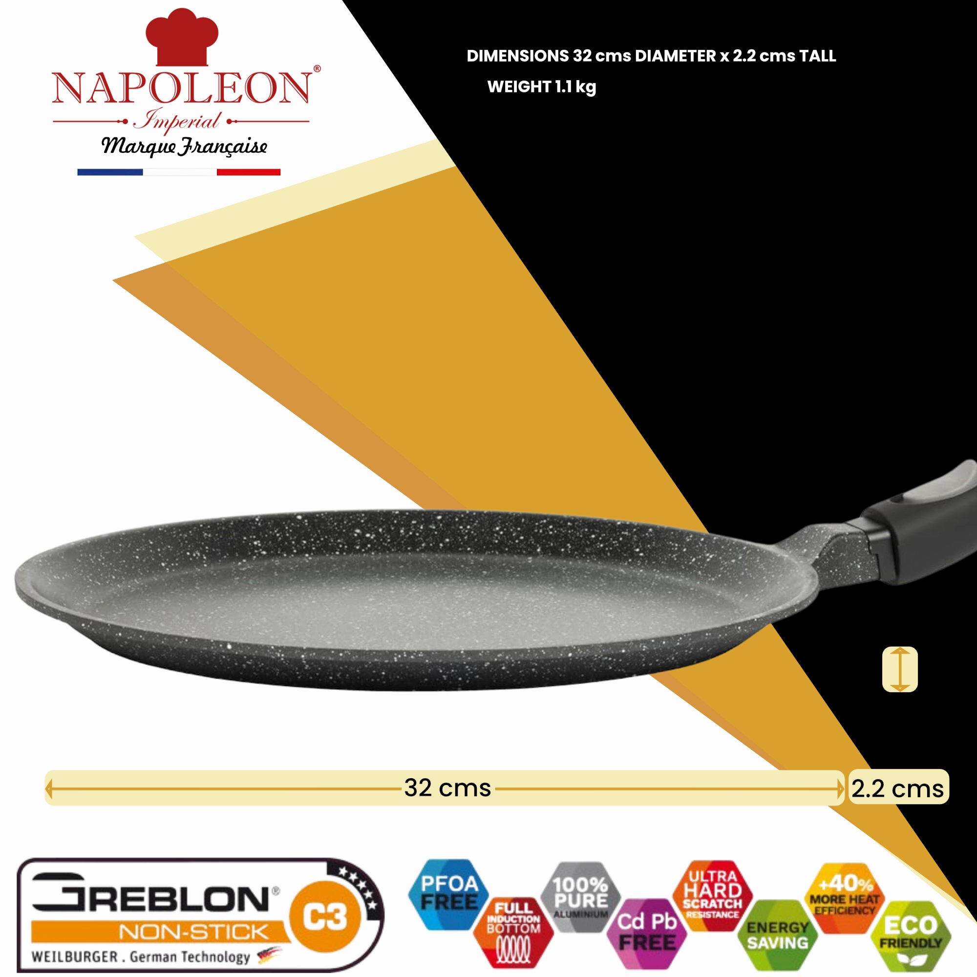 Crepe Pan - 32 cms - Suitable for all Hob Types including Induction - Oven-Safe - Non-Stick Stone-Like Coating - Removal Handle
