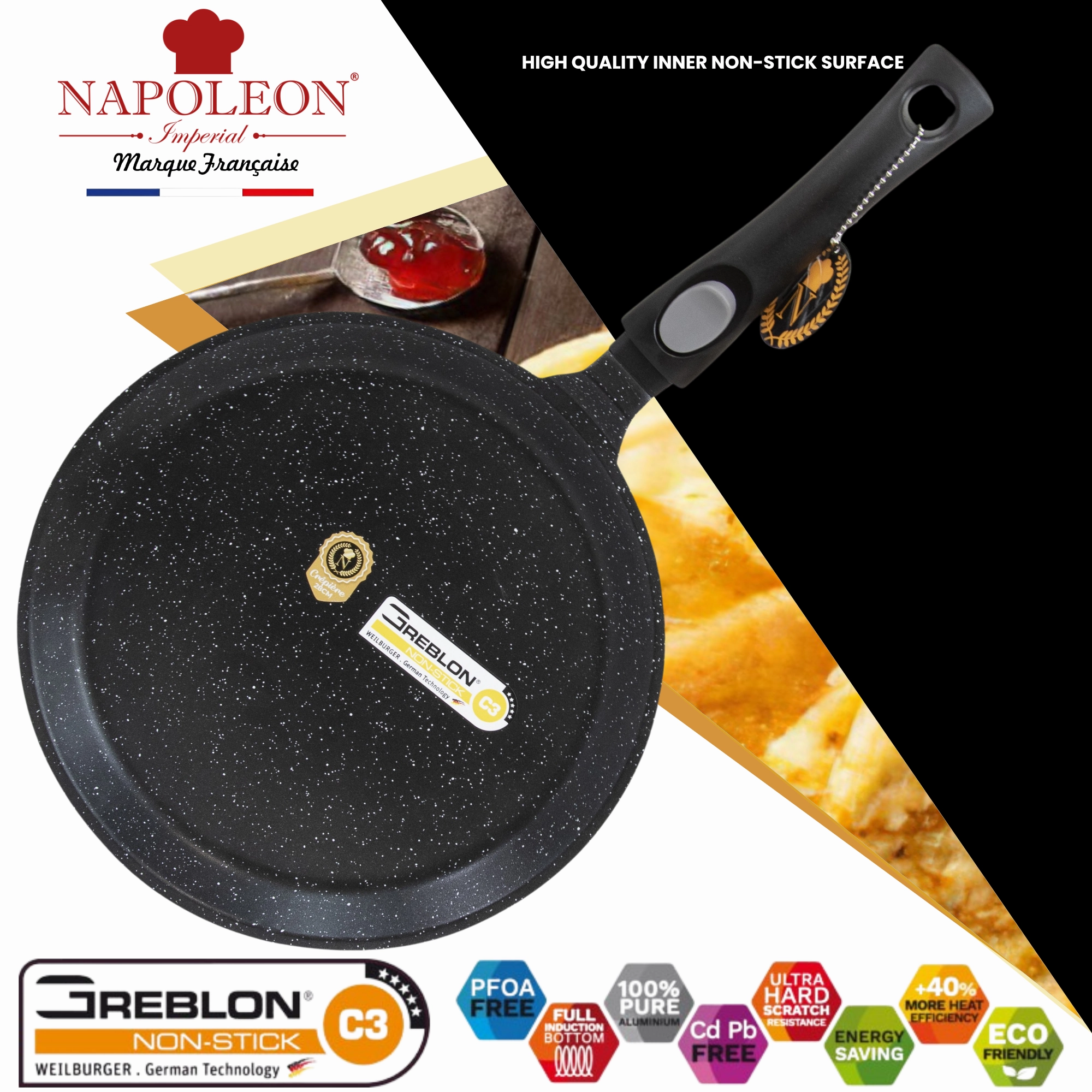 Crepe Pan - 32 cms - Suitable for all Hob Types including Induction - Oven-Safe - Non-Stick Stone-Like Coating - Removal Handle