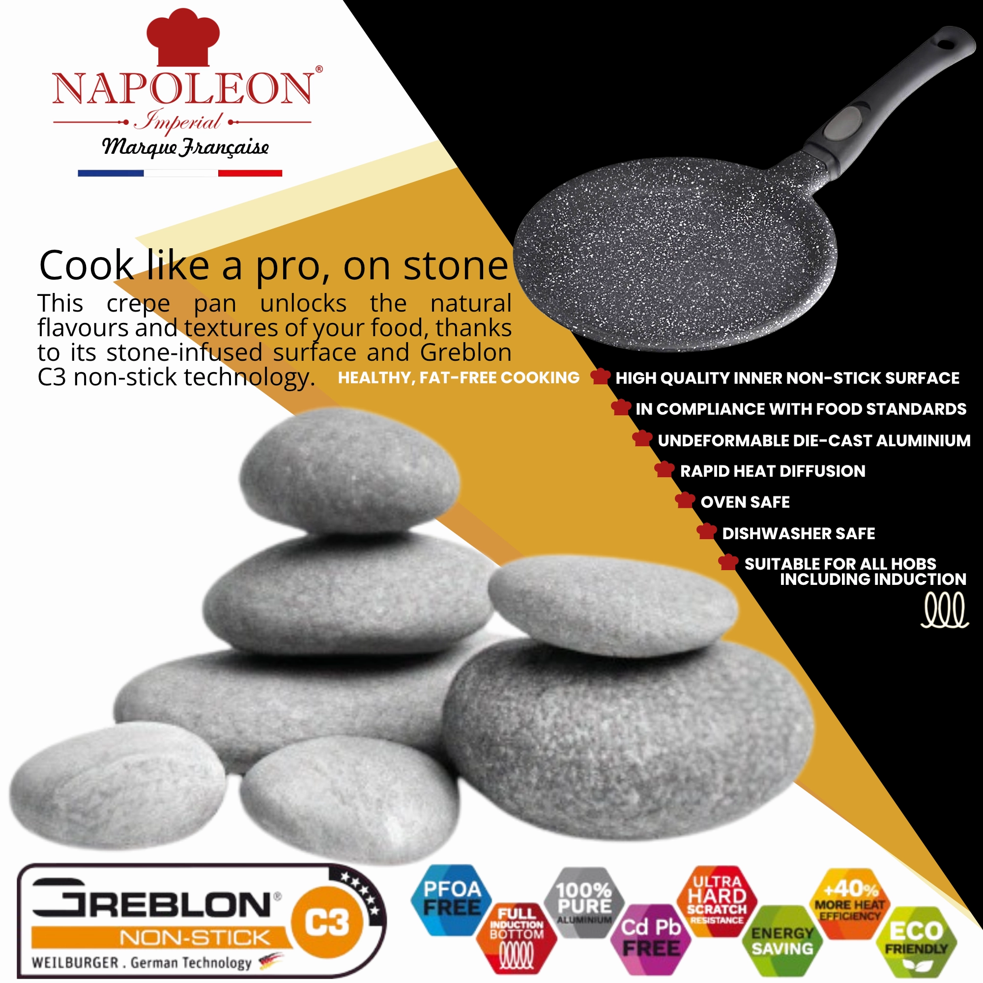 Crepe Pan - 32 cms - Suitable for all Hob Types including Induction - Oven-Safe - Non-Stick Stone-Like Coating - Removal Handle