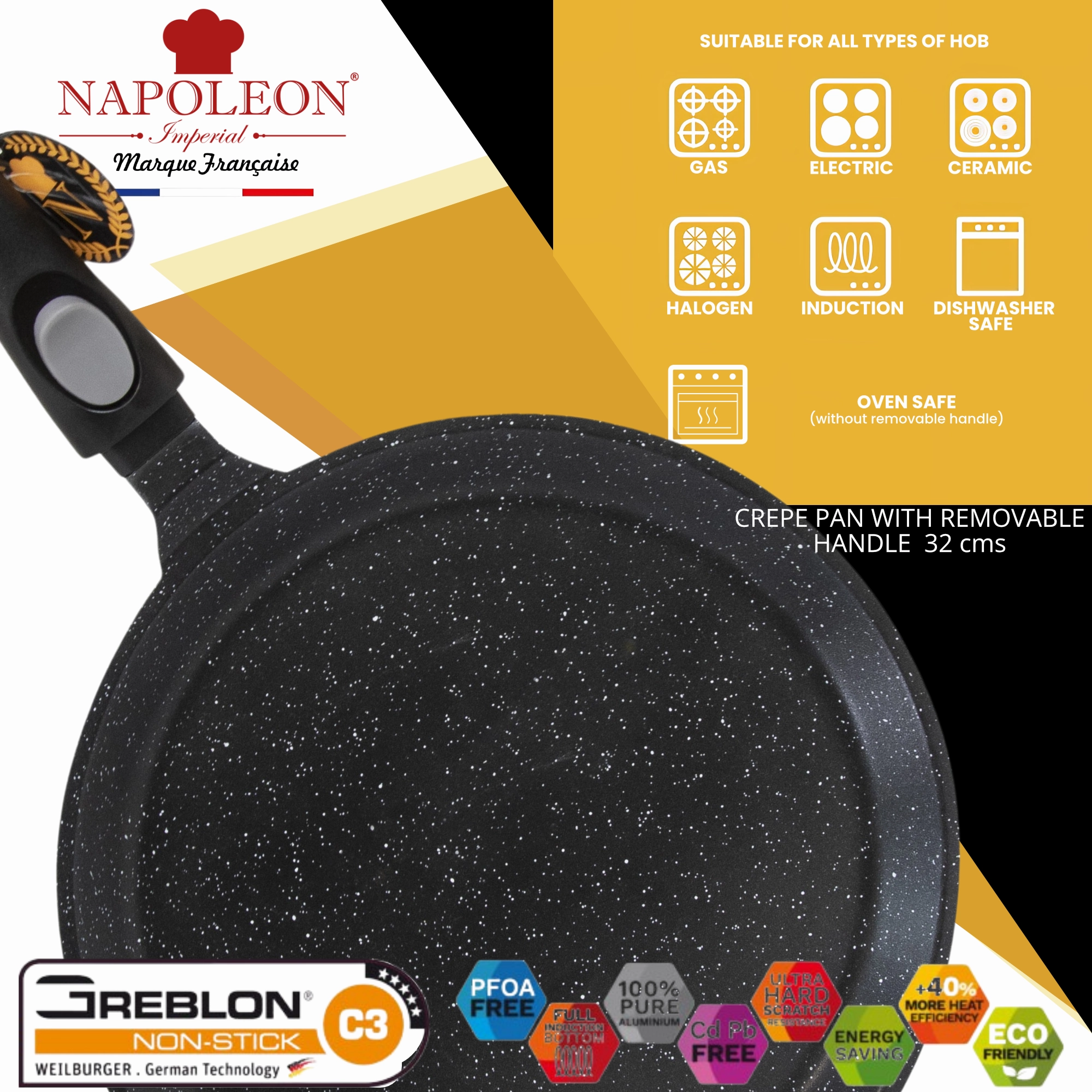 Crepe Pan - 32 cms - Suitable for all Hob Types including Induction - Oven-Safe - Non-Stick Stone-Like Coating - Removal Handle