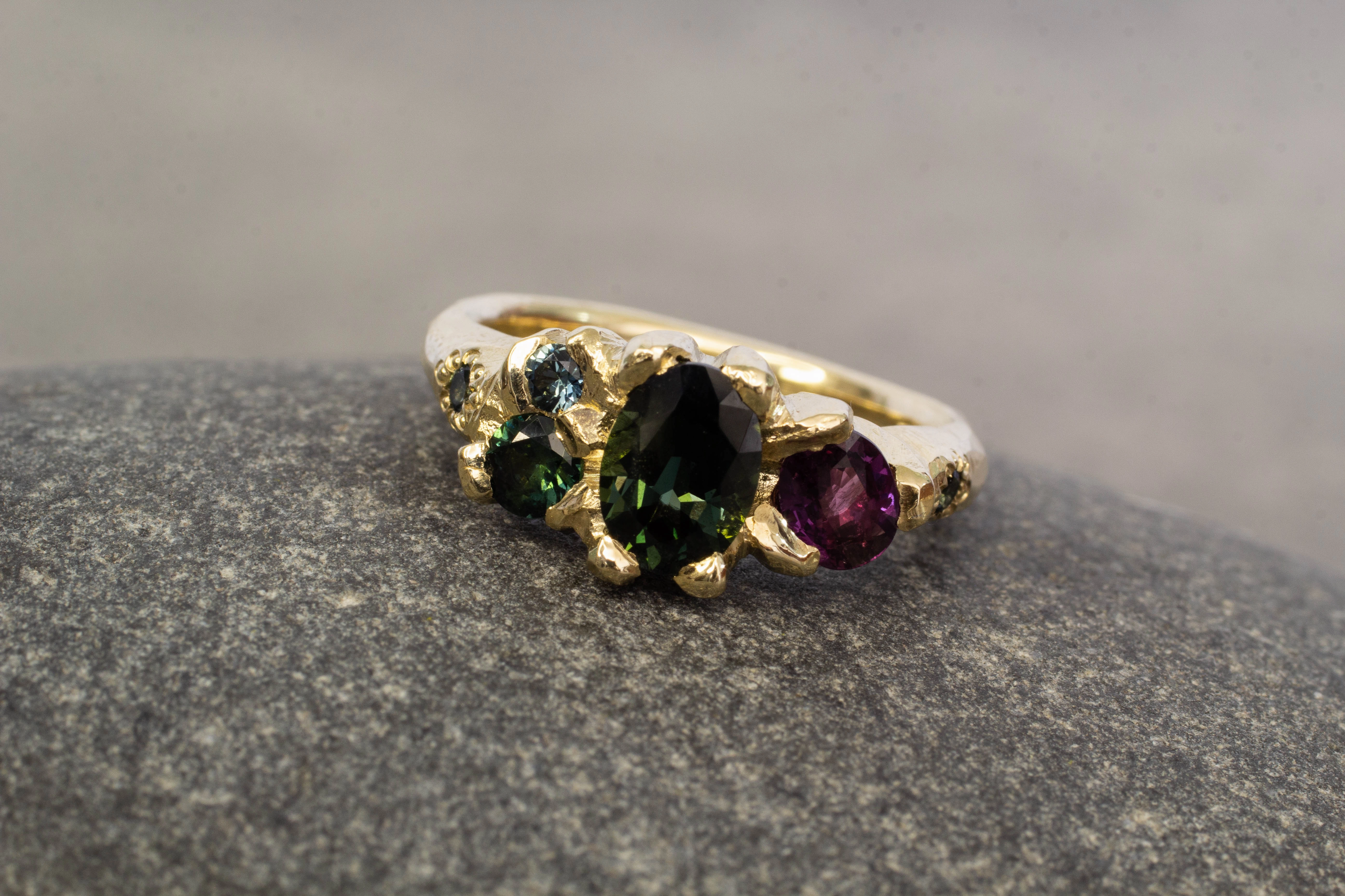 Cumulus Ring - 9ct Yellow Gold with Teal, Green and Magenta Sapphires