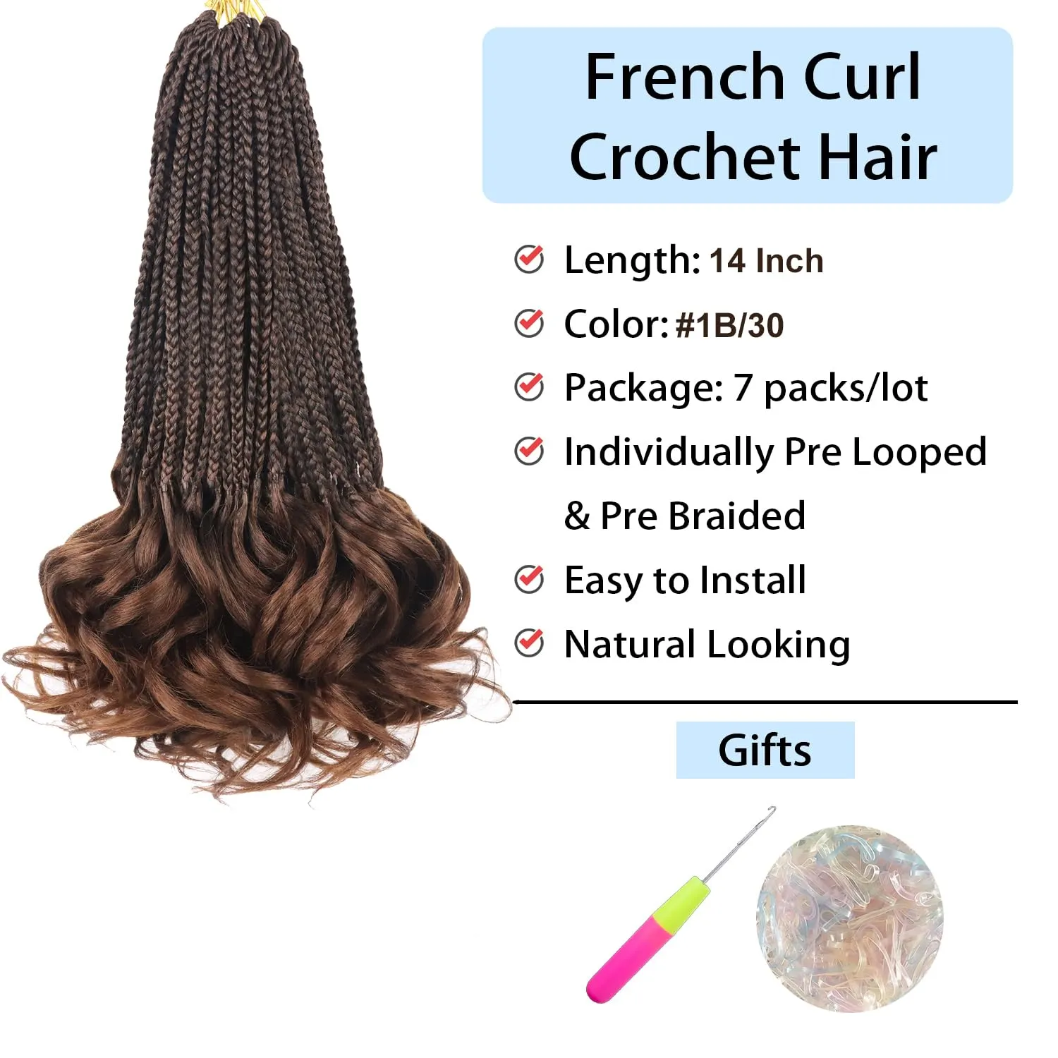 Curly Crochet Hair Box Braids - 14 Inch Pre Looped French Curl Braiding Hair - T30 Black Brown Crochet Box Braids Extensions