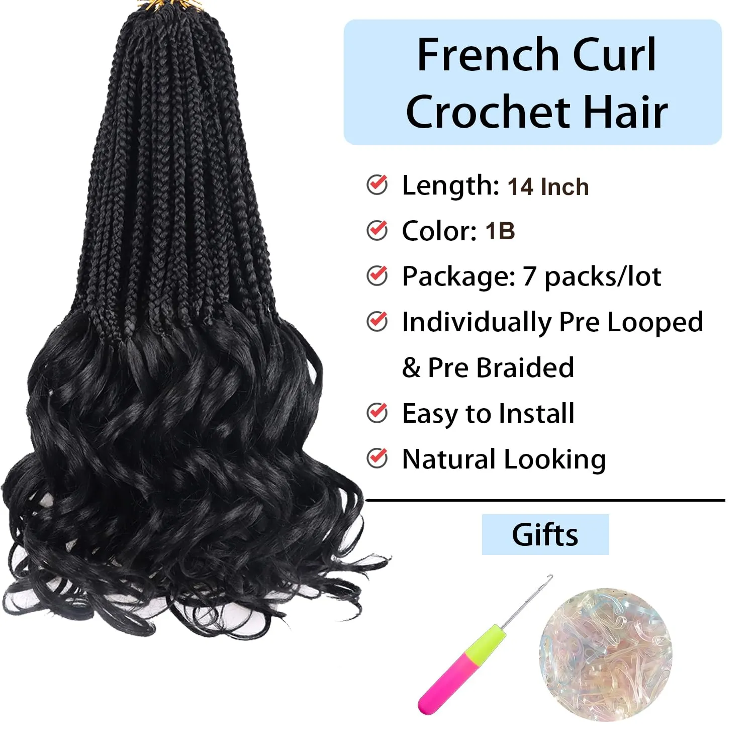 Curly Crochet Hair for Women Goddess Box Braids Crochet Hair Pre Looped French Curl Braiding Hair Crochet Braids 14 Inch 7 Packs French Curls Braids Layered Knotless Hair Extensions(1B)