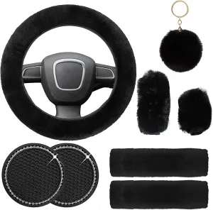 Cute Fluffy Steering Wheel Cover Set for Women, YUNXNYC 1 Set 8 Pieces Fluffy Car Accessories Set Soft Fuzz Handbrake Cover Gear Shift Cover Fur Seat Belt Shoulder Pads Furry Ball Key Chain (Black)