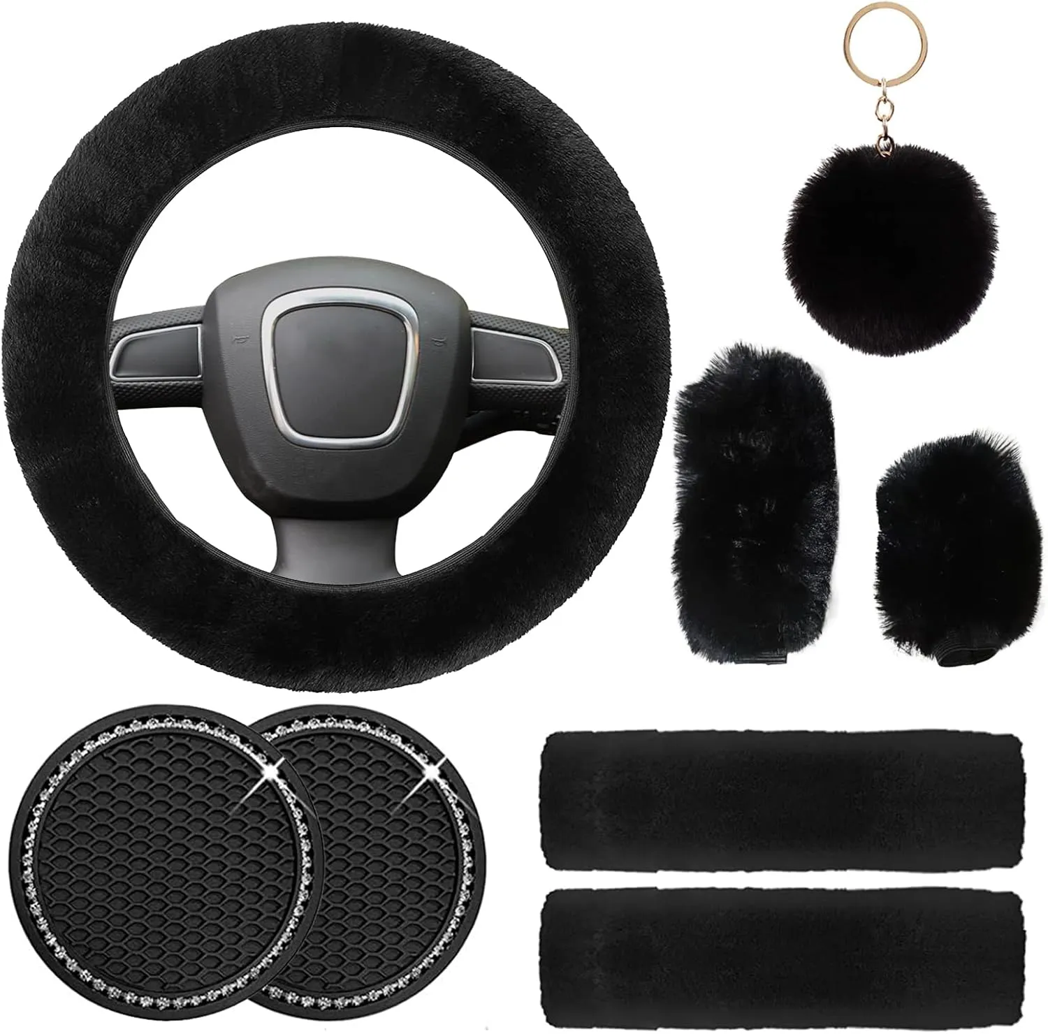 Cute Fluffy Steering Wheel Cover Set for Women, YUNXNYC 1 Set 8 Pieces Fluffy Car Accessories Set Soft Fuzz Handbrake Cover Gear Shift Cover Fur Seat Belt Shoulder Pads Furry Ball Key Chain (Black)