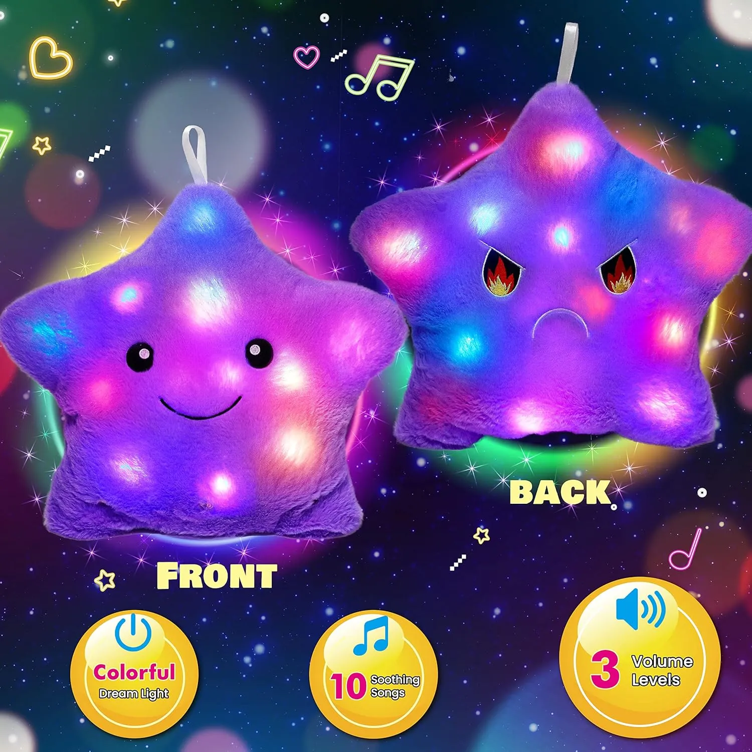 Cuteoy 13" Musical Purple Star Plush Pillow Glowing Twinkle Night Light Stuffed Animal LED Toys Adjustable Volume Birthday for Girls Boys