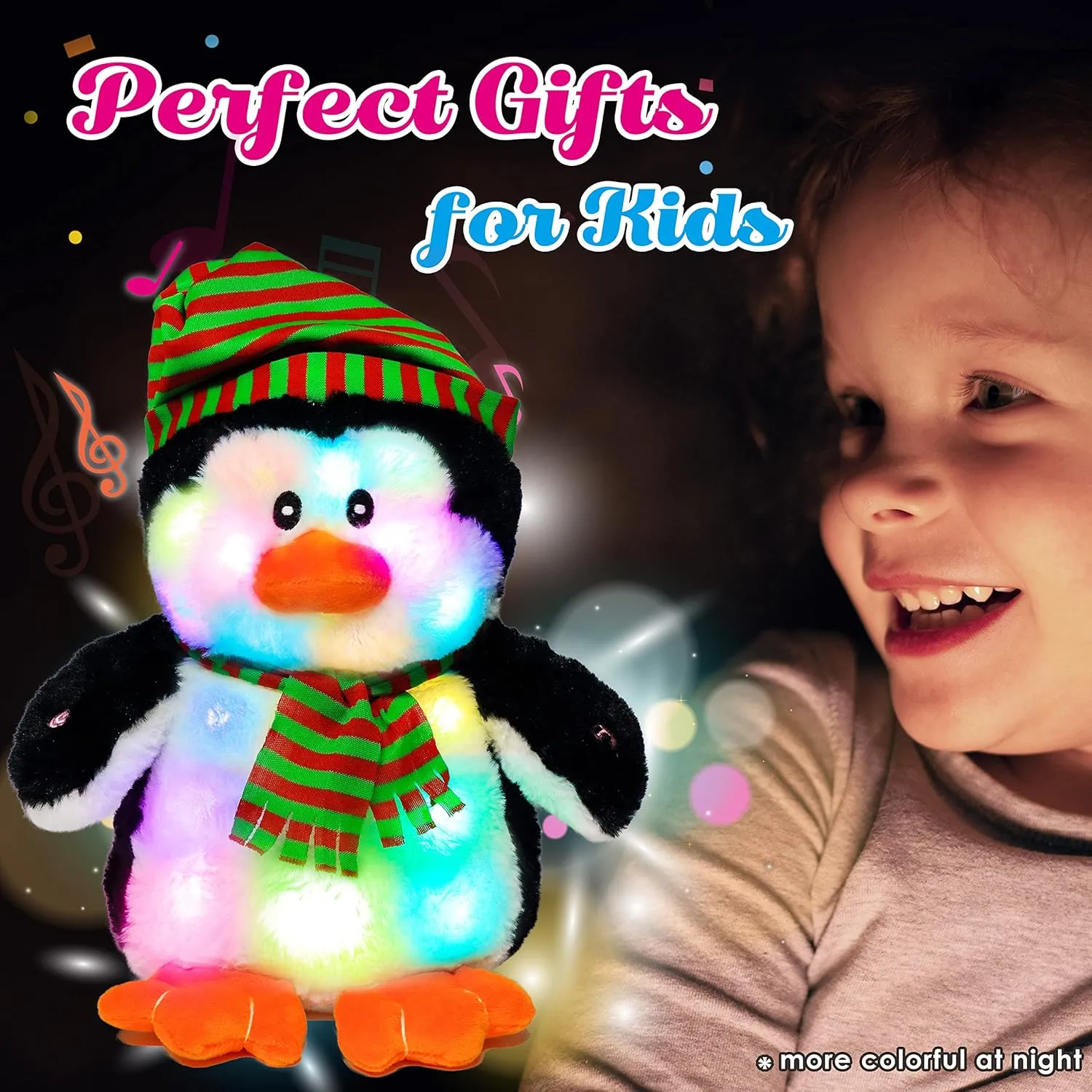 Cuteoy Penguin LED Musical Stuffed Animal Light-up Singing Plush Adjustable Volume Lullaby Plushies Birthday Christmas Toy Gifts for Kids Toddler Girls, 11"