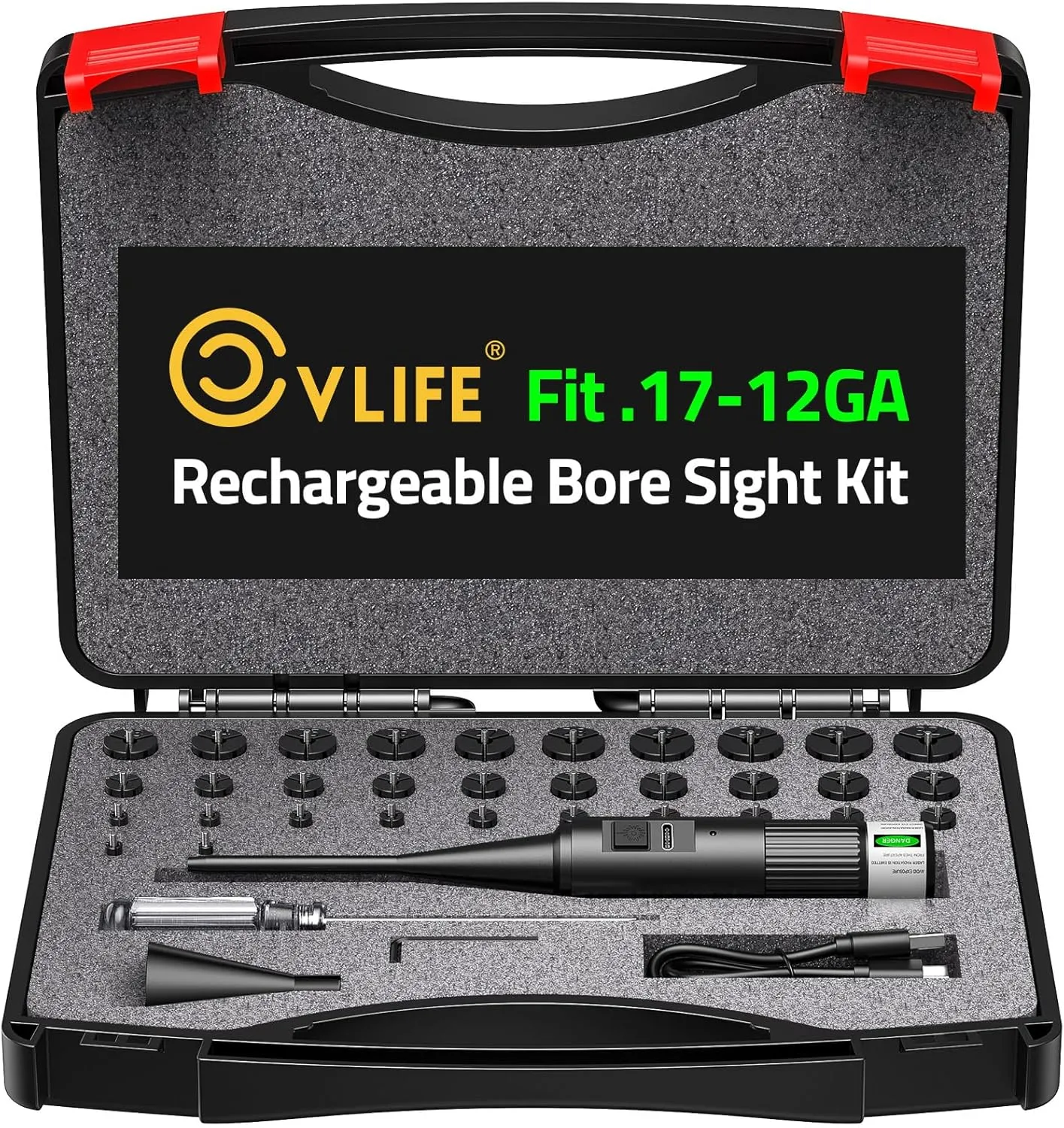 CVLIFE Upgraded Rechargeable Bore Sight Laser with 32 Adapter Kit, Professional Green/Red Laser Bore Sight Fits .17 to 12GA Calibers