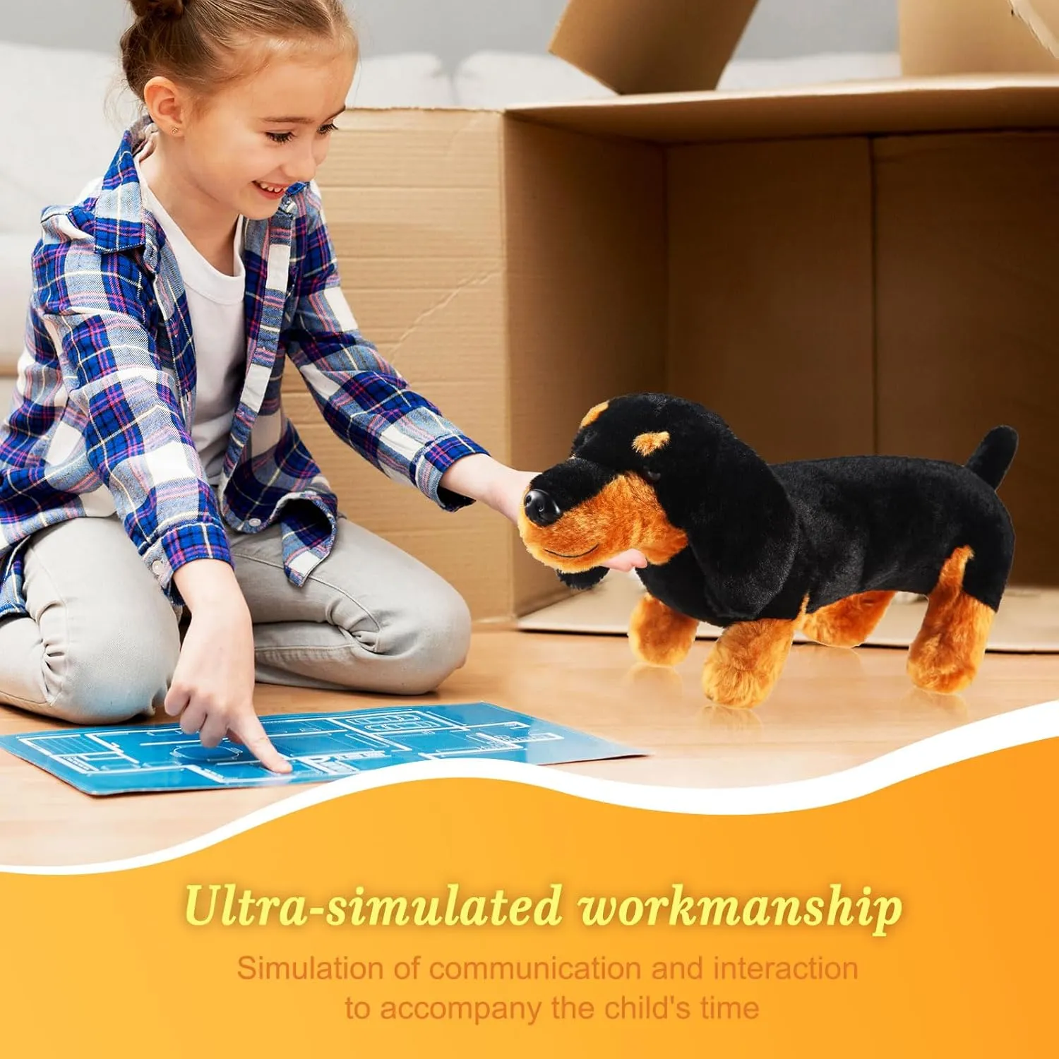 Dachshund Dog Plush Stuffed Animal Sausage Dog Soft 3D Pom Plush for Girls Birthday Xmas Gift Bedtime Rest Chair Bolster Nursery Decoration (Black and Tan)