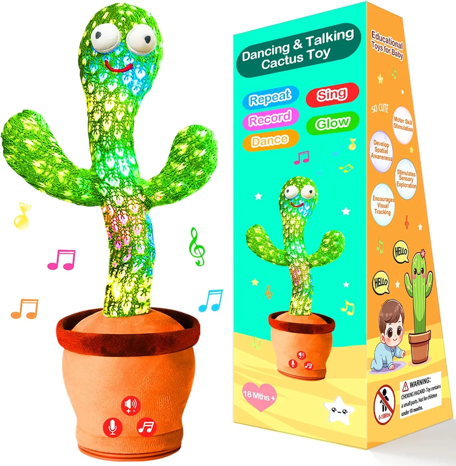 Dancing Talking Cactus Toy with Adjustable Volume, Interactive Cactus Baby Toys for 6-18 Months , Birthday Gifts for Baby, Gifts for 1 2 Year Old Girl Boy