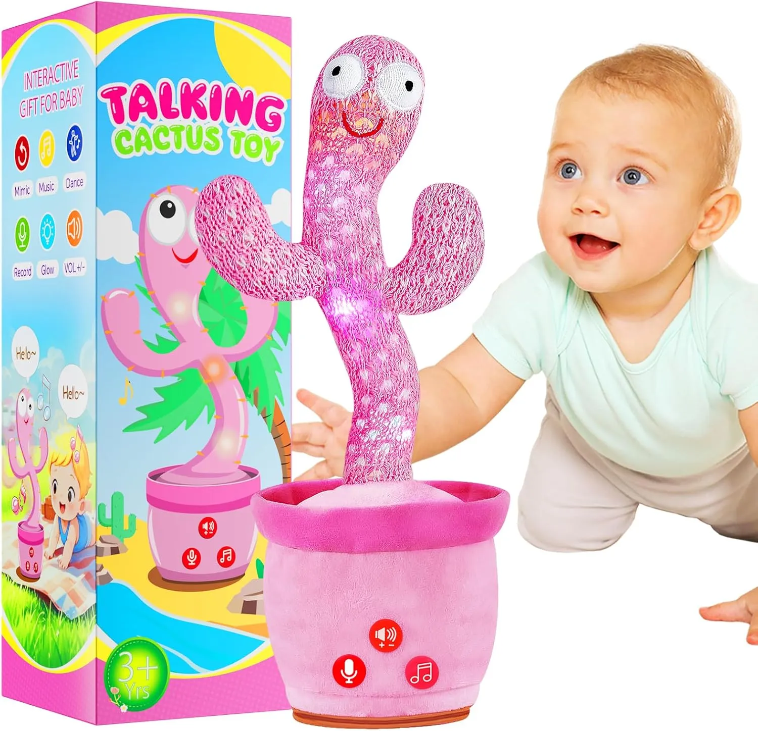 Dancing Talking Cactus Toy with Adjustable Volume, Interactive Cactus Baby Toys for 6-18 Months , Upgraded Safe and Secure Plush Eyes Baby Toys, Birthday Gifts for Babies (Pink)