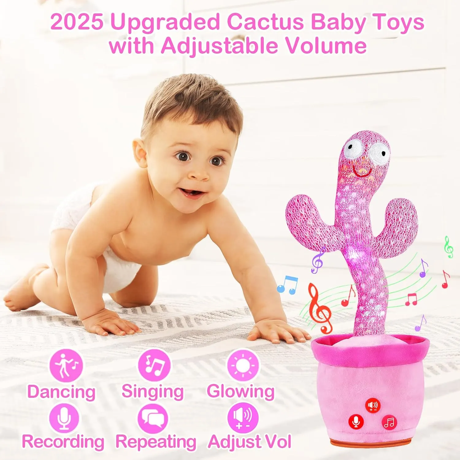 Dancing Talking Cactus Toy with Adjustable Volume, Interactive Cactus Baby Toys for 6-18 Months , Upgraded Safe and Secure Plush Eyes Baby Toys, Birthday Gifts for Babies (Pink)